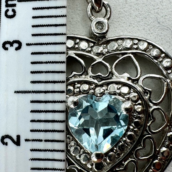10K WG/925 Filigree Blue Topaz Heart Pendant Necklace - Picture 10 of 16